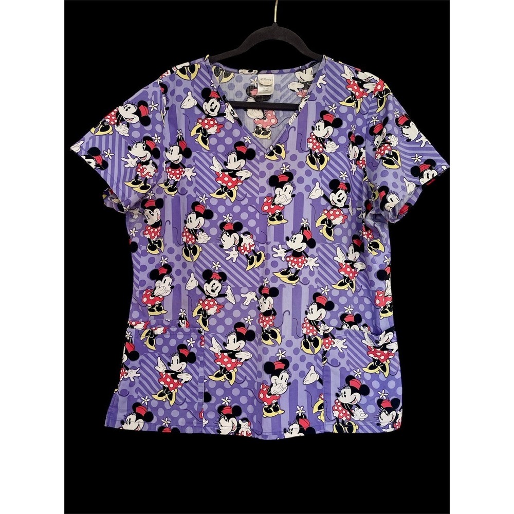 DISNEY MINNIE MOUSE POLKA DOT DRESS FLORAL PURPLE SCRUB TOP LARGE